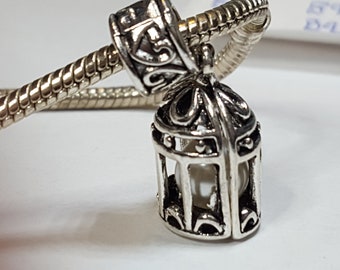 Bird Charm, Bird Cage Charm, Dangle Charm, White Bead Inside Cage, -Fits all Designer and European Charm Bracelets