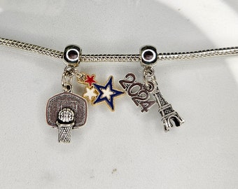 2024 Olympics Basketball Charm, Eiffel Tower-2024 Charm Set, Basketball Charm & 3 Star Charm Set, Fit Designer-European Charm Bracelets