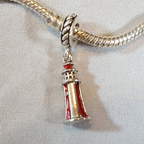 Lighthouse Charm, Dangle Charm, Antiqued Look Red White Lighthouse,  Fits all Designer and European Charm Bracelets