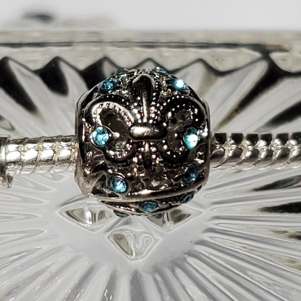 Fleur-De-Lis Charm, Aqua Crystals- Flower-De-Luce Charm, Religious Symbol, Holy Trinity, Virgin Mary,Fits Designer & European Charm Bracelet