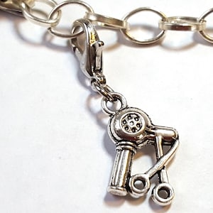 Hair Stylist Charm, Barber Charm, Beautician Charm, Blow Dryer Scissors Charm, Hair Professional Charm, Lobster Clasp Charm, Clip On Charm