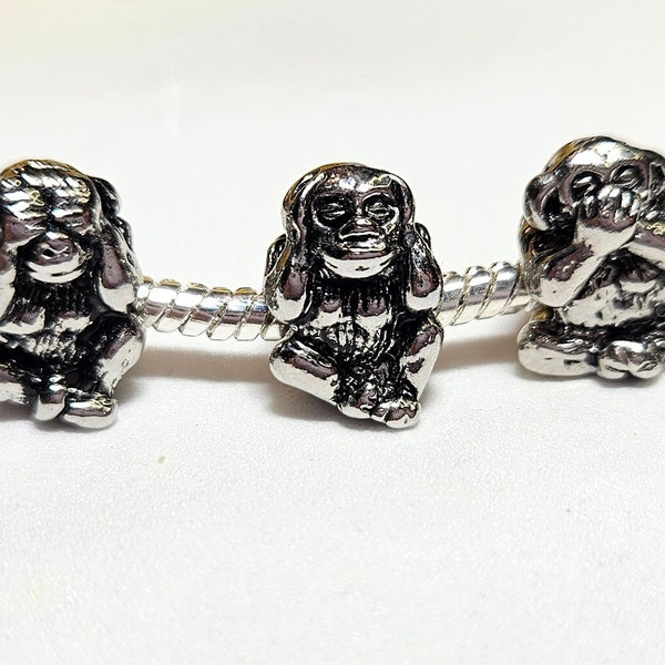 Three Wise Monkeys Charms, See No Evil Charm, Hear No Evil Charm, Speak No Evil Charm,  3D Charm-Fits all Designer & European Charm Bracelet