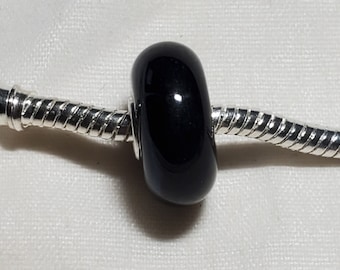 Solid Black Glass Bead, Murano Glass Bead, European Bead, 925 Single Core, Fits all Designer and European Charm Bracelets