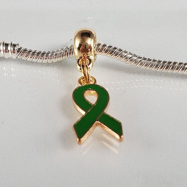 Dark Green Awareness Ribbon, Mental Illness, Mental Health, Cerebral Palsy, Depression, Leukemia-Fits all Designer & European Charm Bracelet