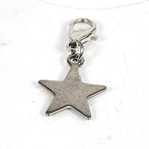 May include: A silver-colored star charm with a lobster clasp. The five-pointed star is a simple, classic design, perfect for jewelry making or adding to a keychain. The charm is made of metal.
