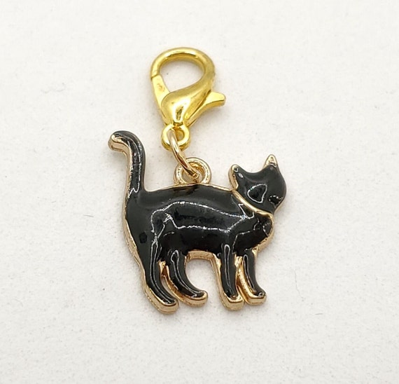 Black Cat Enamel Charm, Gold Tone Trim, Lobster Clasp Clip On - Etsy