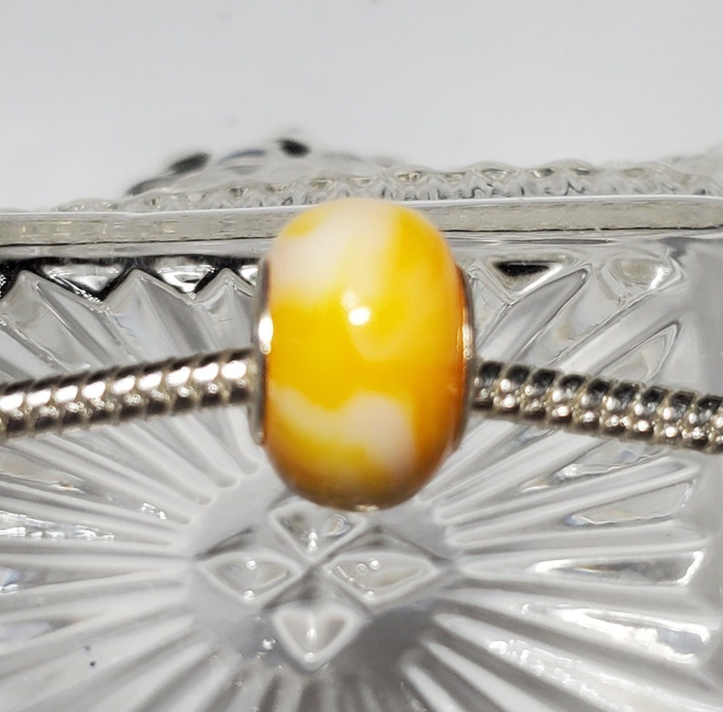 White and Yellow Fimo Clay Bead, Yellow Swirl Design, Clay Bead, European Bead Fits all Designer and European Charm Bracelets image 1