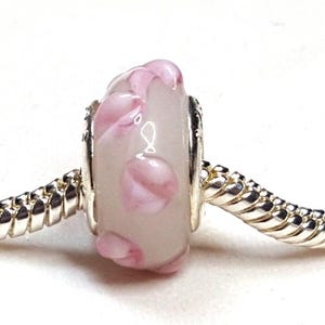 Creamy White Glass Bead, Textured Vine of Pink Leaves, European Glass Bead -925 Silver Core -Fits all Designer and European Charm Bracelets