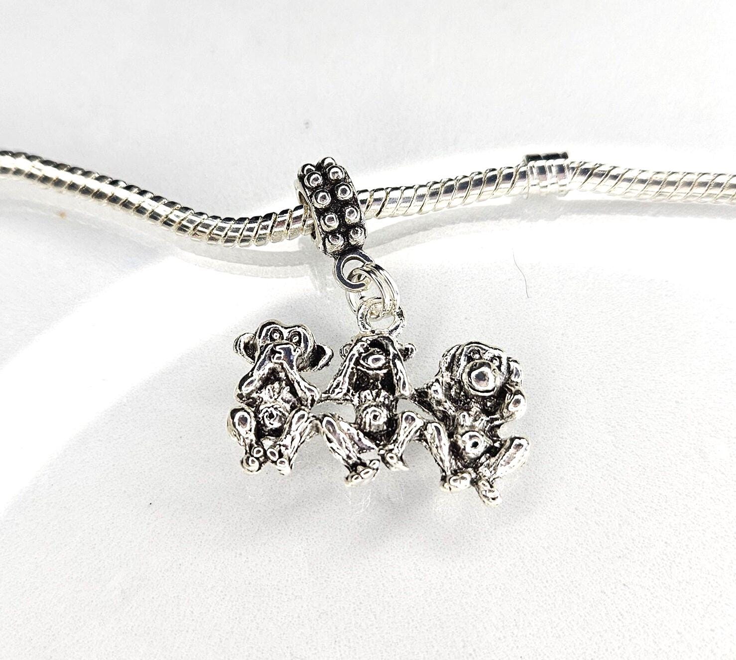 thumbnail interactive-video image 1 of Speak No Evil See No Evil Hear No Evil Monkeys Charm - Clip On Pendant For Bracelet 1 of 2