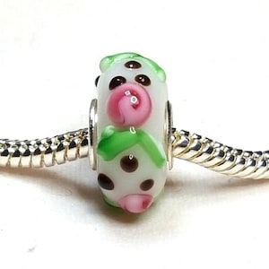 White Glass Bead, Pink Flower Design, Murano Glass Bead, European Bead, Textured, Single Core ,- Fits Designer and European Charm Bracelets