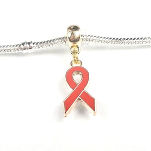 Red Awareness Ribbon-AIDs-HIV-Bronchiolitic-Cardiovascular Disease-Heart Disease-Heart Charm- Fits all Designer and European Charm Bracelets