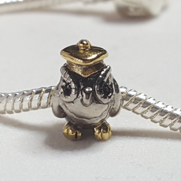 Graduation Charm, Wise Owl With Trencher Cap, 22K GP Hat, 3D Charm, Graduation Gift, European Charm, Fits Designer & European Charm Bracelet