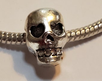 Skull Charm, Clear Crystal Teeth, Smiling Skull Charm, Goth Charm, 3D Charm, Fits all Designer and European Charm Bracelets