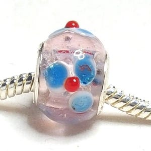 Light Pink Glass Bead Murano Glass Bead European Bead Blue Flowers Red Center-925 Silver Core-Fits all Designer & European Charm Bracelets