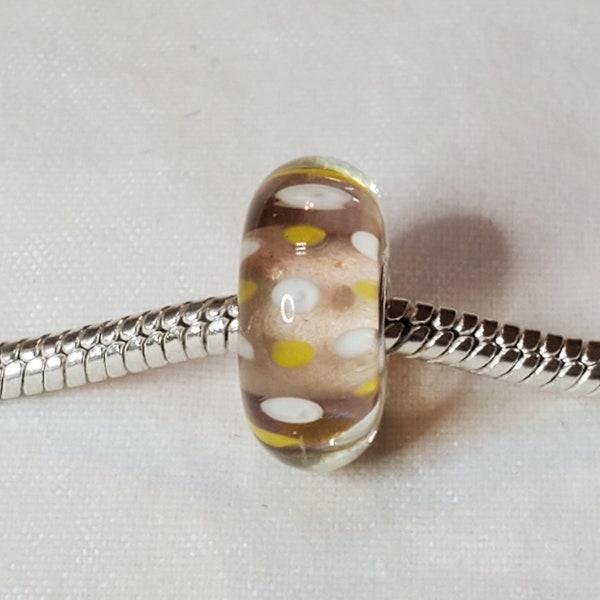 Beige Glass Bead, Yellow White Polka Dot Design, Murano Glass, European Glass Bead, 925 Single Core Fits Designer & European Charm Bracelets