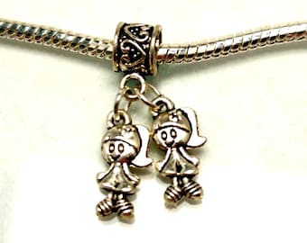 Daughter Charm, Two Daughters Charm, Twin Charm, Sister Charm, Children Child Charm, European Charm-Fits Designer & European charm bracelet