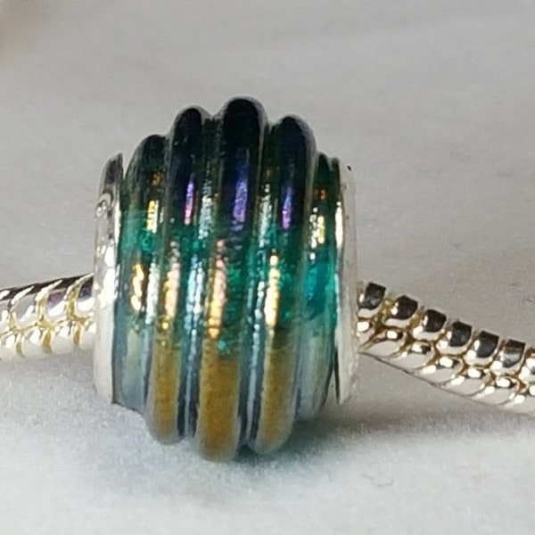 Blue Green Glass Bead Spacer-Awesome Murano Lampwork-Ribbed Texture  925 core-Fits all Designer and European Charm Bracelets