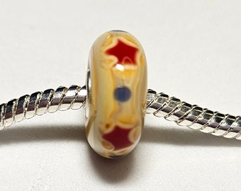 Tan Glass Bead, Blue Dots Red Stars Design, Murano Glass Bead, European Glass Bead -925 Single Core-Fits Designer & European Charm Bracelets