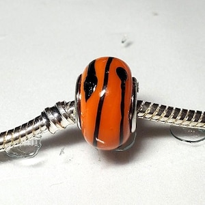 Orange Glass Bead, Black Line Design, Murano Glass Bead, Lampwork Glass Bead, 925 silver core -Fits all Designer & European Charm Bracelets