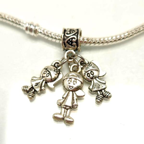 Charm de hijo e hija, Charm de un hijo y dos hijas, Charm de nietos, Charm de niño y niña: compatible con pulseras de dijes de diseñador y europeas.