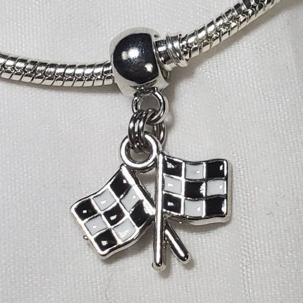 Checkered Flag Charm, Dangle Charm, Racing Flags, Checkered Design, Enamel Black and White Flags-Fits all Designer & European Charm Bracelet