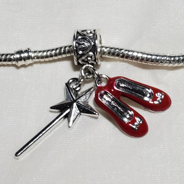 Ruby Red Slippers Charm, Wizard of Oz, Glenda's Magic Wand, Red Shoes, Dangle Charm, Fits all Designer and European Charm Bracelet