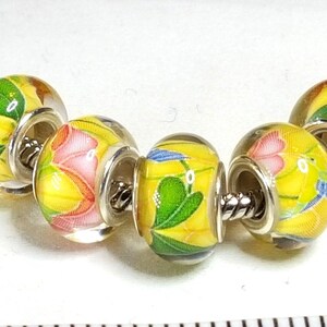 6 Bright Yellow Beads, Pink Flowers, Set of 6 Yellow Beads, European Beads, Resin Beads, Fits all Designer and European Charm Bracelets