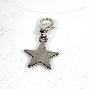 May include: A silver-colored star charm with a lobster clasp. The five-pointed star is made of metal and has a slightly textured surface. The charm is designed to be attached to a bracelet, necklace, or other jewelry.