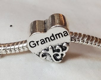 Grandma Charm, European Heart Shaped Charm, Scroll Design, Grandma Gift, - Fits all Designer and European Charm Bracelet