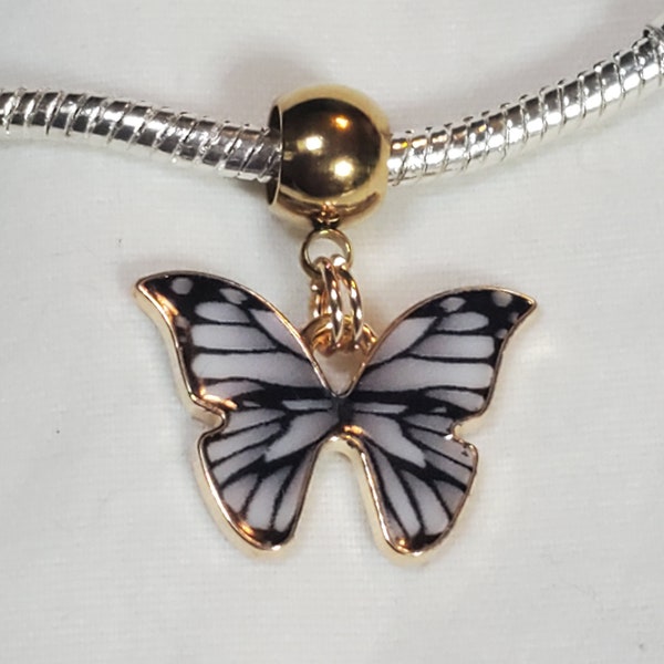 Breloque papillon blanc, papillon machaon zébré, papillon blanc et noir, pendentif suspendu, convient aux bracelets de créateurs et européens