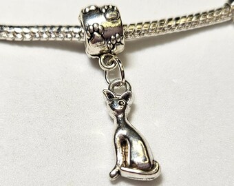 Cat Charm, European Charm, Dangle Charm, Paw Print Bail, Kitten Charm, Kitty Charm Petite Charm-Fits all Designer & European Charm Bracelets