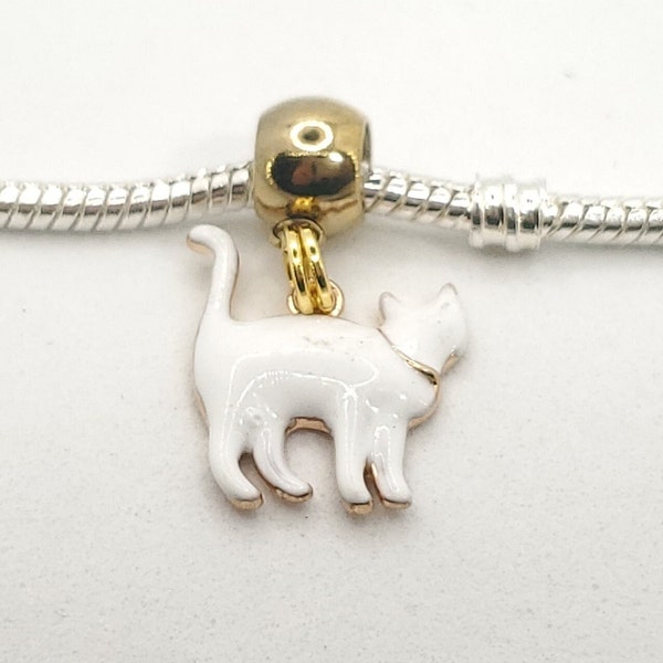 White Cat Charm, Kitten Charm, European Charm, Gold Tone Trim, Dangle Charm, White Enamel Cat-Fits all Designer and European Charm Bracelets