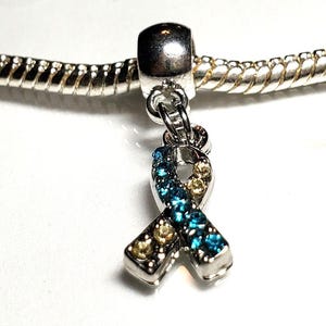 Yellow and Blue Awareness Ribbon Charm, Down Syndrome Ribbon, Thoracic Outlet Syndrome-TOS,-Fits all Designer & European Charm Bracelet