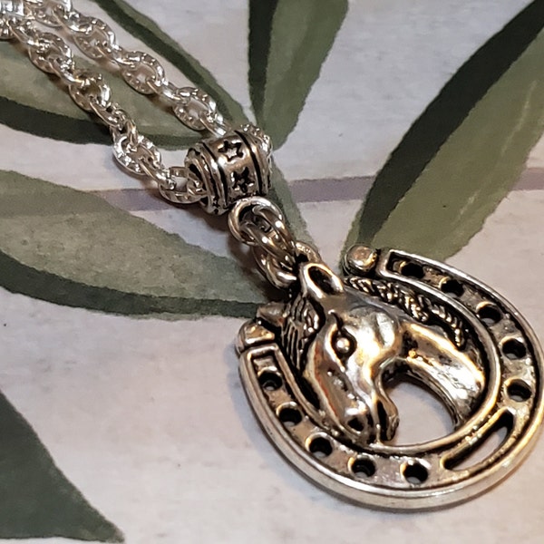 Ken's Necklace Horsehead in Horseshoe Necklace, Horse Head Necklace, Western Necklace, Dangle Necklace - Attached to 18" Necklace Chain.