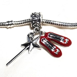 Ruby Red Slippers Charm, Wizard of Oz, Glenda&#39;s Magic Wand, Red Shoes, Dangle Charm, Fits all Designer and European Charm Bracelet