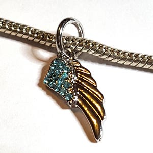 Angel Wing Charm, Aqua Crystals, Dangle Charm, European Charm, Angel Wing - -  Fits all Designer and European Charm Bracelet