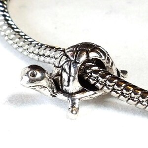 May include: A silver-colored turtle charm with a detailed shell and head, threaded onto a silver chain. The charm has a three-dimensional design and is likely a jewelry component, such as a bead or pendant.