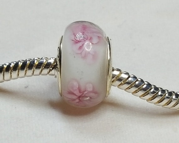 New Authentic 925 Sterling Silver Core Pink Looking Murano Glass Bracelet Bead