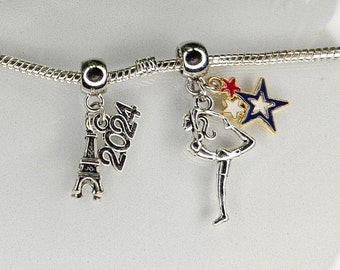 2024 Olympics Gymnast Charm Set, Eiffel Tower and 2024 Charm Set, Gymnast & 3 Star Charm Set, Fits Designer and European Charm Bracelets