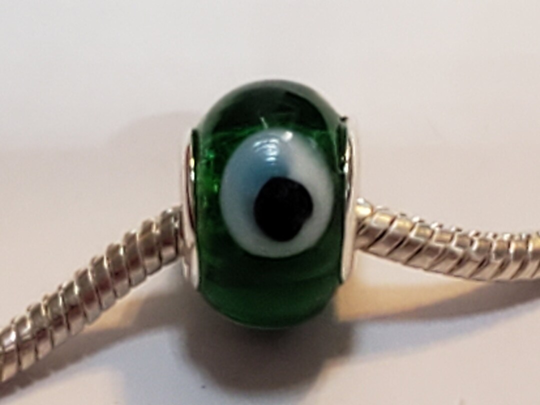 Dark Green Evil Eye Glass Bead, European Glass Bead, Murano Glass Bead