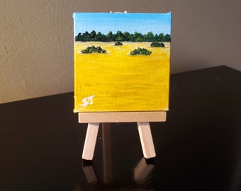 Yellow Field, Original Acrylic, 3"x3", Mini Easel Included