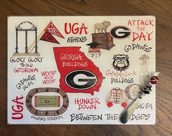 Licensed UGA Cutting board with matching wire-wrapped spreader with coordinating stones, tailgating. Go Dawgs!