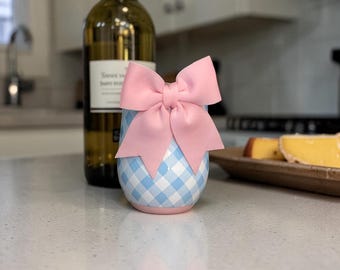 Brand New! Swig Insulated 12oz Wine Tumbler in light blue gingham with removable pink bow - Stainless steel- Personalize