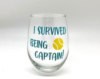 Tennis Stemless  Wine Glass-Tennis Gift-Tennis Partner Gift-Wine Glass-I Survived Being Captain!