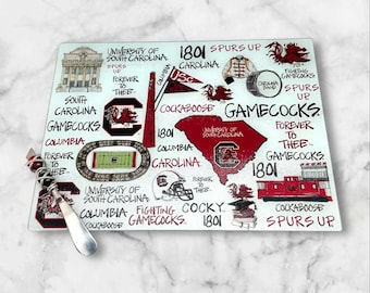 Licensed USC Gamecocks Tempered Glass Cutting Board with Handmade Spreader