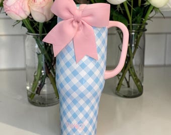 Brand New! Swig Insulated 40oz Tumbler in light blue gingham with straw and a removable pink bow - Stainless steel- Personalize