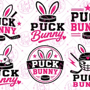 May include: A collection of six pink and black "Puck Bunny" designs. Each design features a hockey puck, bunny ears, and hockey sticks. The text "Puck Bunny" is prominently displayed in various fonts.