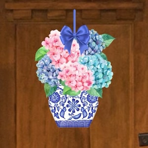 Door Hanger-Hydrangeas in Chinoiserie vase-Door Decor-Monogrammed Door Hanger-Pink Blue Hydrangeas-Housewarming Gift