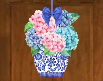 Door Hanger-Hydrangeas in Chinoiserie vase-Door Decor-Monogrammed Door Hanger-Pink Blue Hydrangeas-Housewarming Gift