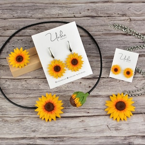 Sunflower Jewelry Set – Handmade Polymer Clay Necklace, Dangle & Stud Earrings, Adjustable Ring – Floral Gift for Her, Summer Jewelry Yellow
